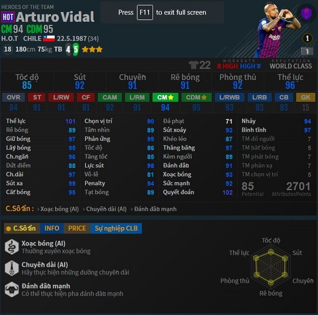 Tiền vệ trung tâm Arturo Vidal nguồn: fifaaddict.com